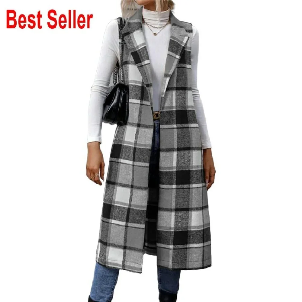 Long Plaid Wool Vest Sleeveless Blazer Jacket Open Front Cardigan Chic